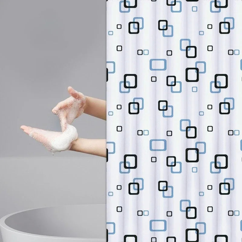 rideau douche moderne motif carré blanc noir bleu clair imperméable éva rapide séchage ourlet