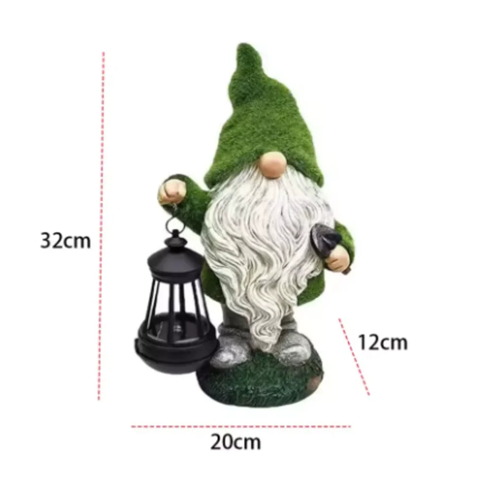 statue elfe nain résine lanterne verte barbe blanche motif ajouré lumière solaire patioextérieur