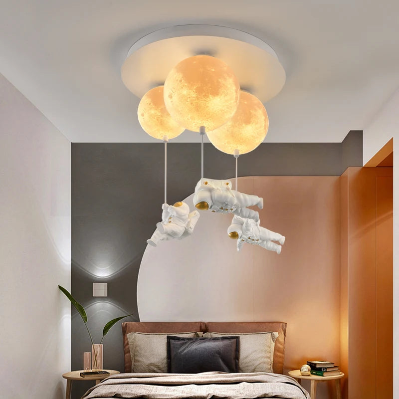 suspension lumineuse moderne astronautes lune blanc doré acrylique métal toucher interrupteur led 18cm 20cm