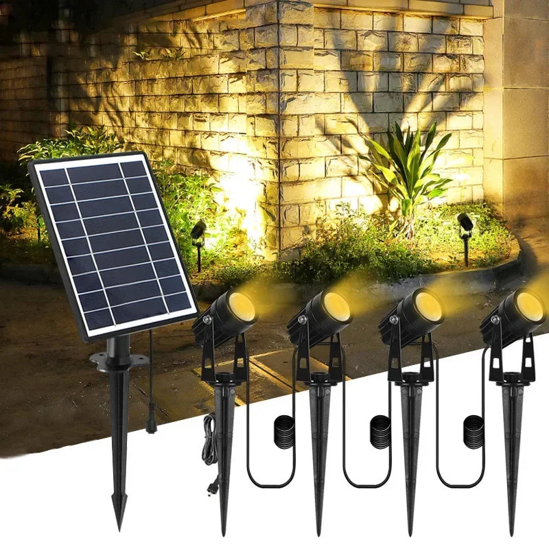 projecteur solaire led noir moderne éclairage extérieur jardin quatre lampes facile lumière blanche chaude