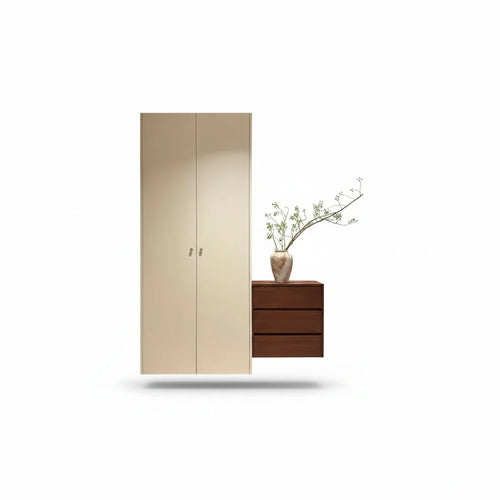 armoire chaussures bois moderne minimaliste beige marron gris abstraits poignées vases branches tableau figurine