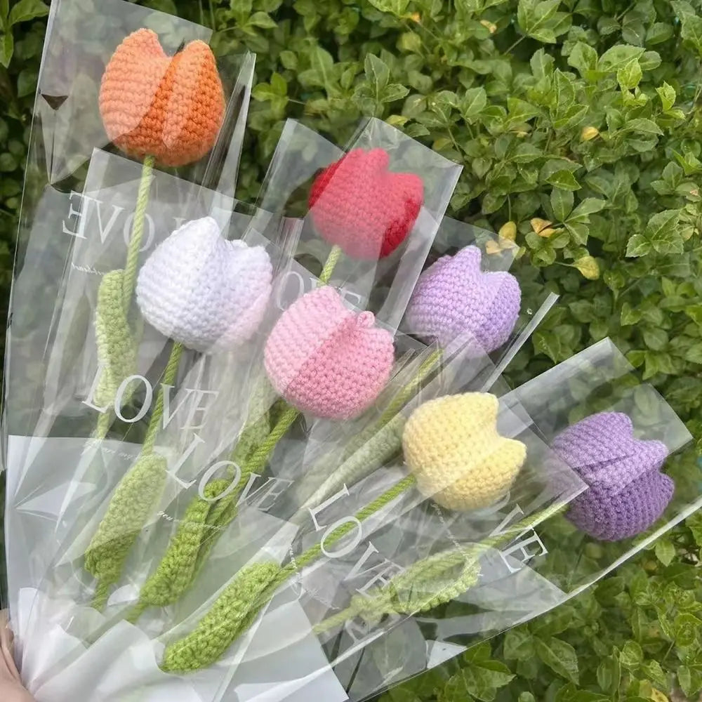 bouquet tulipes tricotées main orange jaune blanc rouge rose violet bleuclairintérieur decoration
