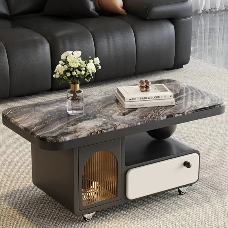 table basse moderne marbre noir tiroir roulette salon minimaliste italien