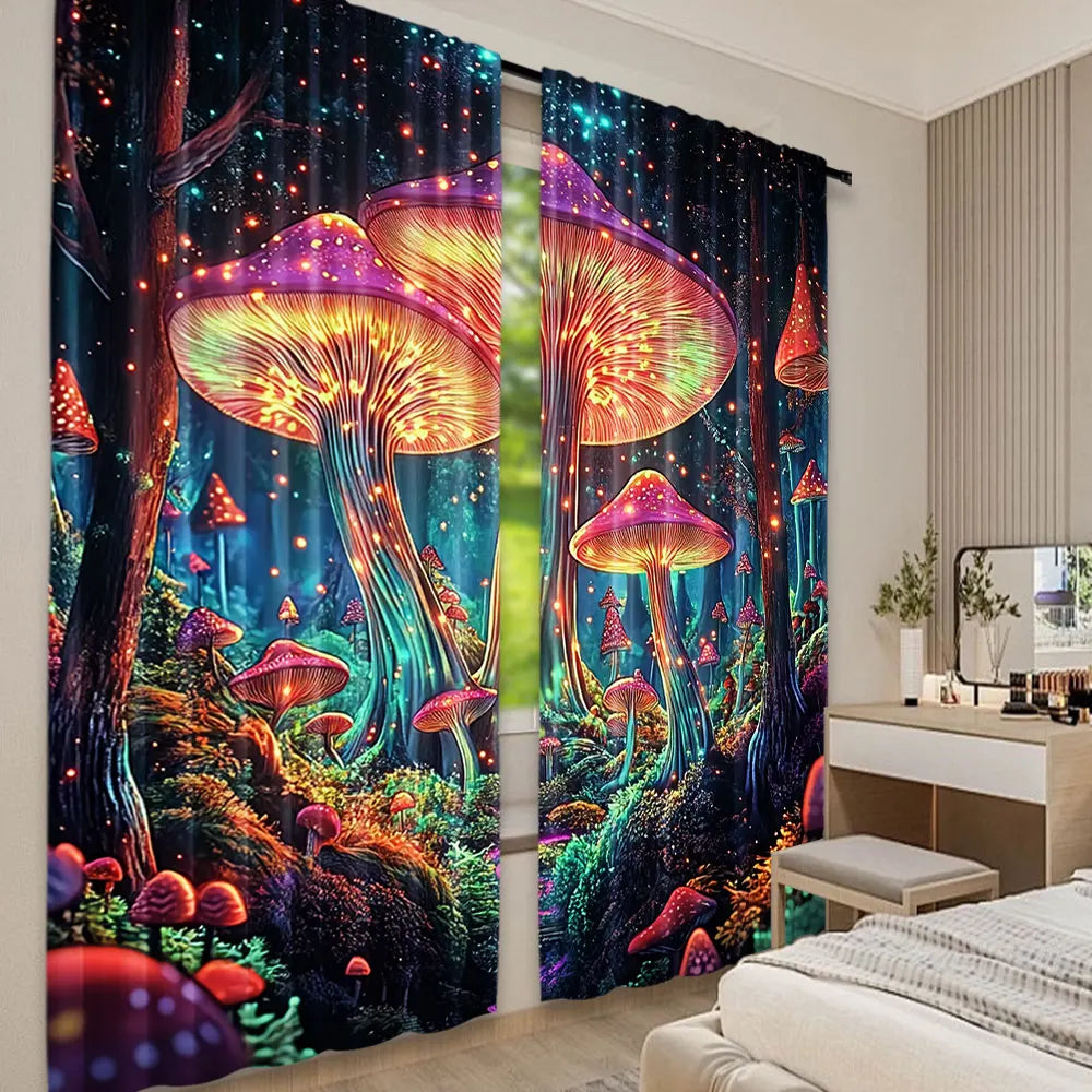 rideau polyester opaque champignons lumineux forêt fantastique couleur bleue verte rouge chambre salon