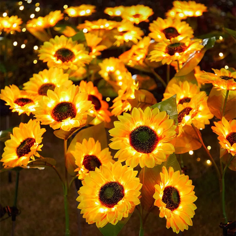 décoration extérieure moderne fleur artificielle jaune vert feuilles larges piquet métallique solaire led jardin