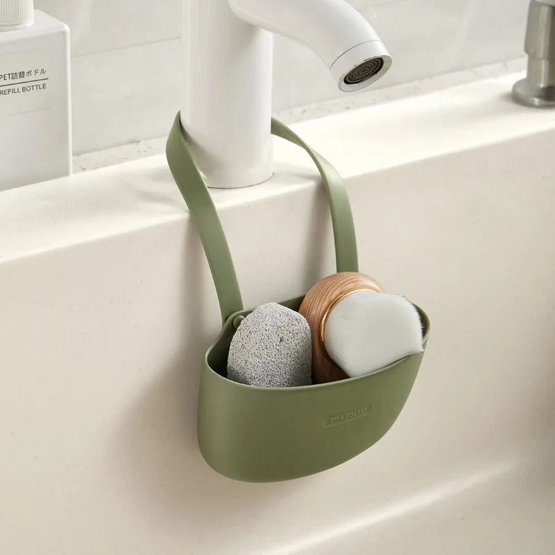 organisateur cuisine suspendu évier rangement éponge savon brosse moderne minimaliste vert olive marron