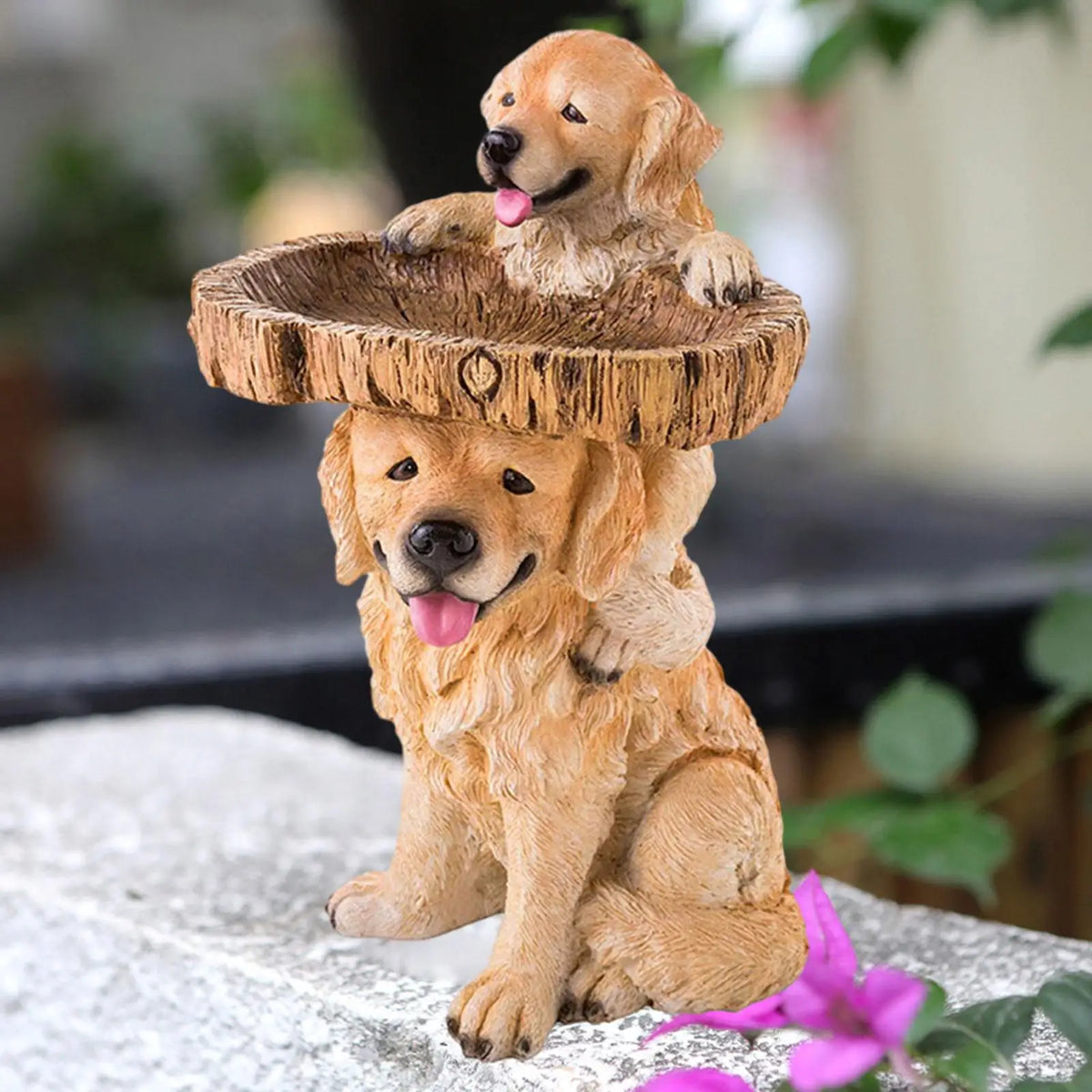 statue chiens golden retriever résine bol bois oiseaux jardin feeder attrape oiseau deco patioextérieur