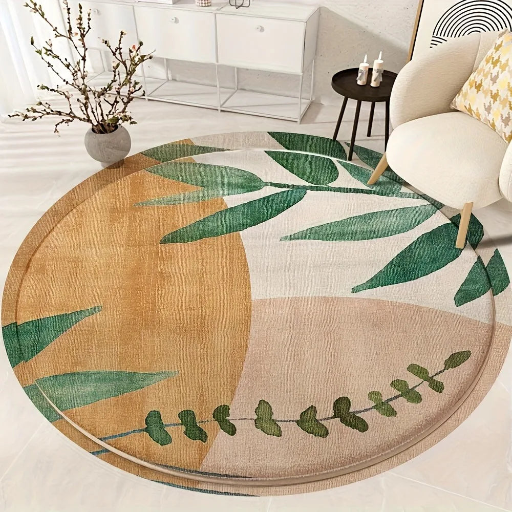 tapis rond polyester feuilles vertes fond beige bordure blanche moderne minimaliste