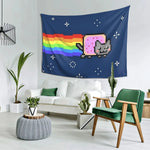 tapisserie murale chat pixel art pop art bleu arc ciel rose géométrique