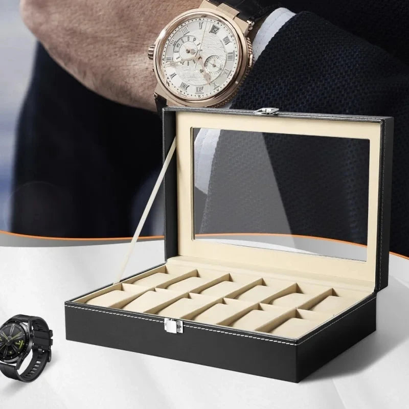 boîte montres cuir noir tissu beige verre transparent classique cadenas 12 emplacements mới tạo