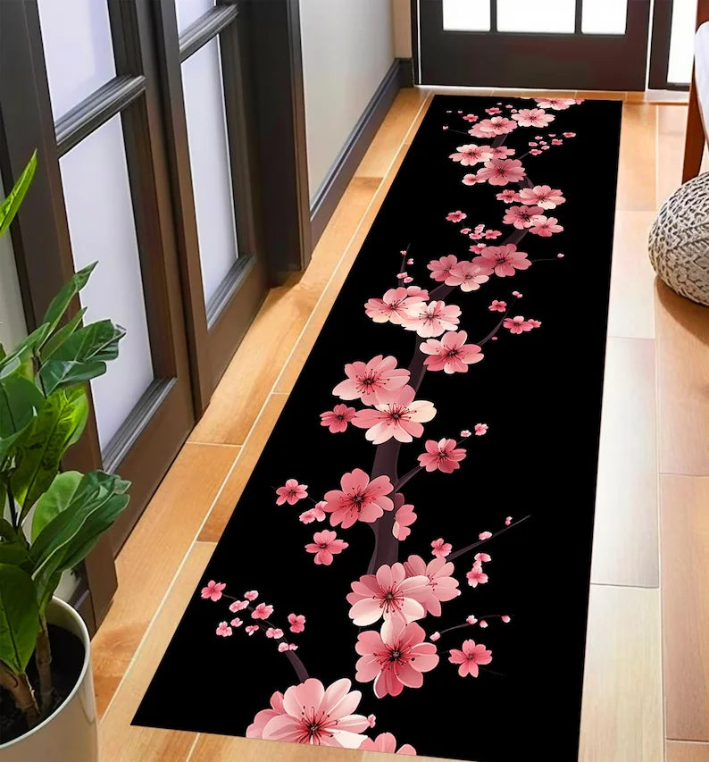 tapis long fleurs cerisier rose noir blanc salon chambre antibactérien absorbant