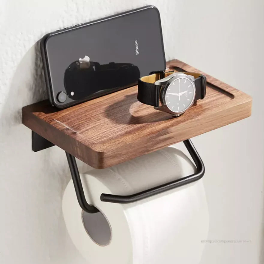 support mural papier toilette plateau bois naturel noir moderne minimaliste clips inclusion papier toilette