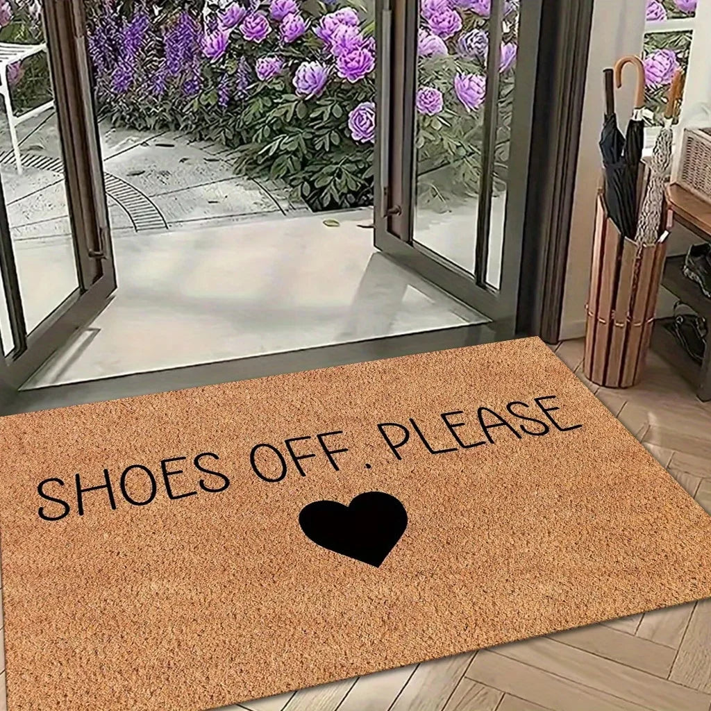 tapis d'entrée moderne marron clair motif cœur shoes off antidérapant polyester