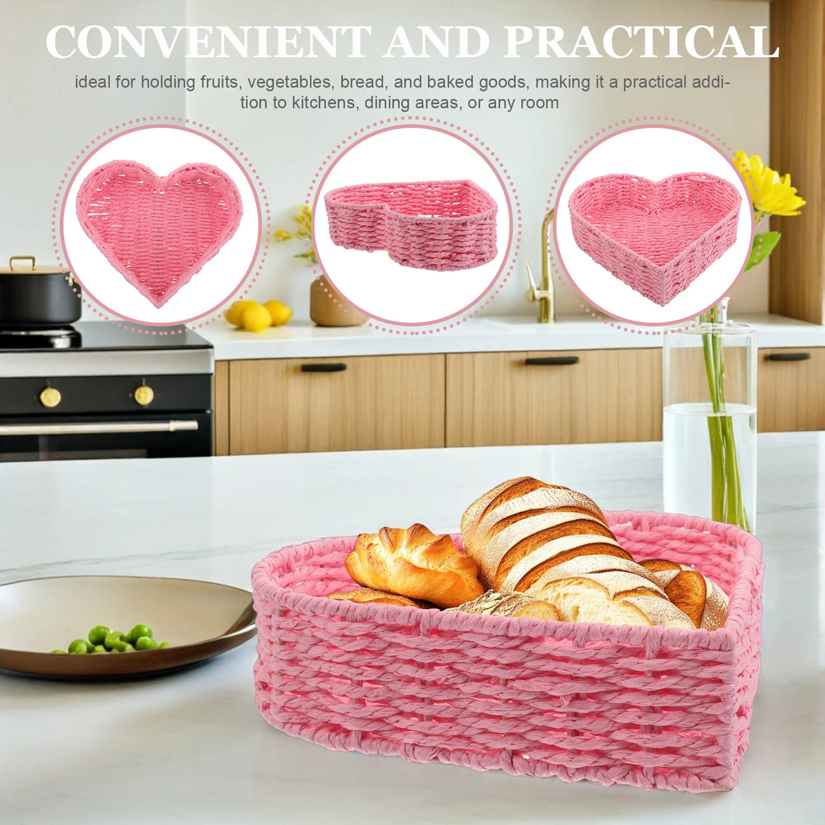 panier tressé forme cœur rose clair rustique décoration champêtre servir fruits légumes pâtisserie