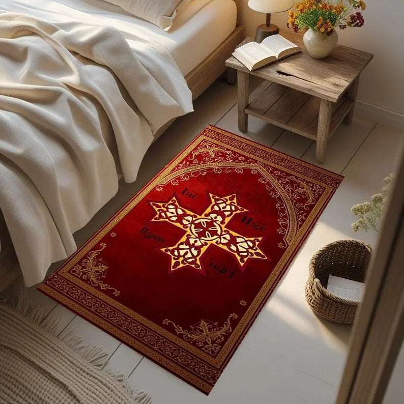 tapis prière aigle byzantin jaune bleu rouge ornement floral classique extérieur moderne polypropylène polyester