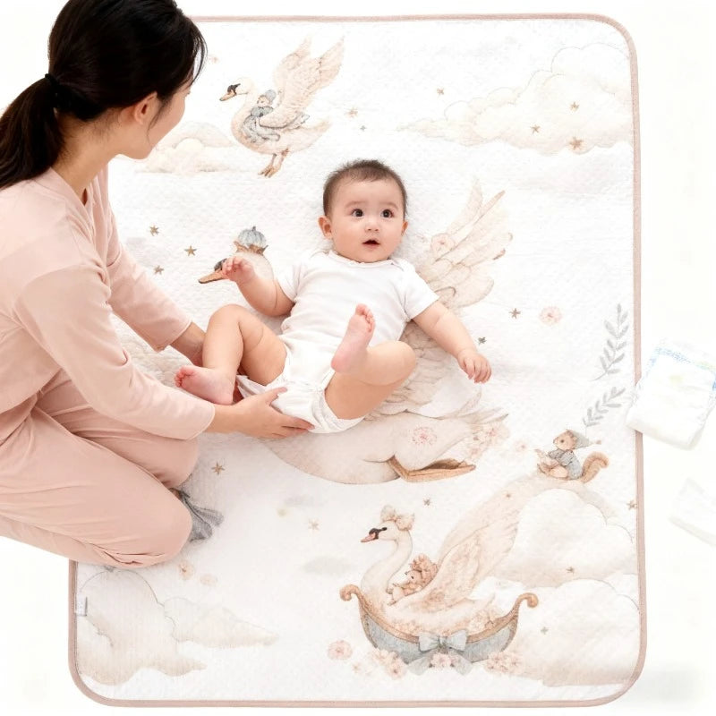 tapis bébé imperméable lavable 50x70cm illustrations canards lapins doux enfantin beige rose bleu