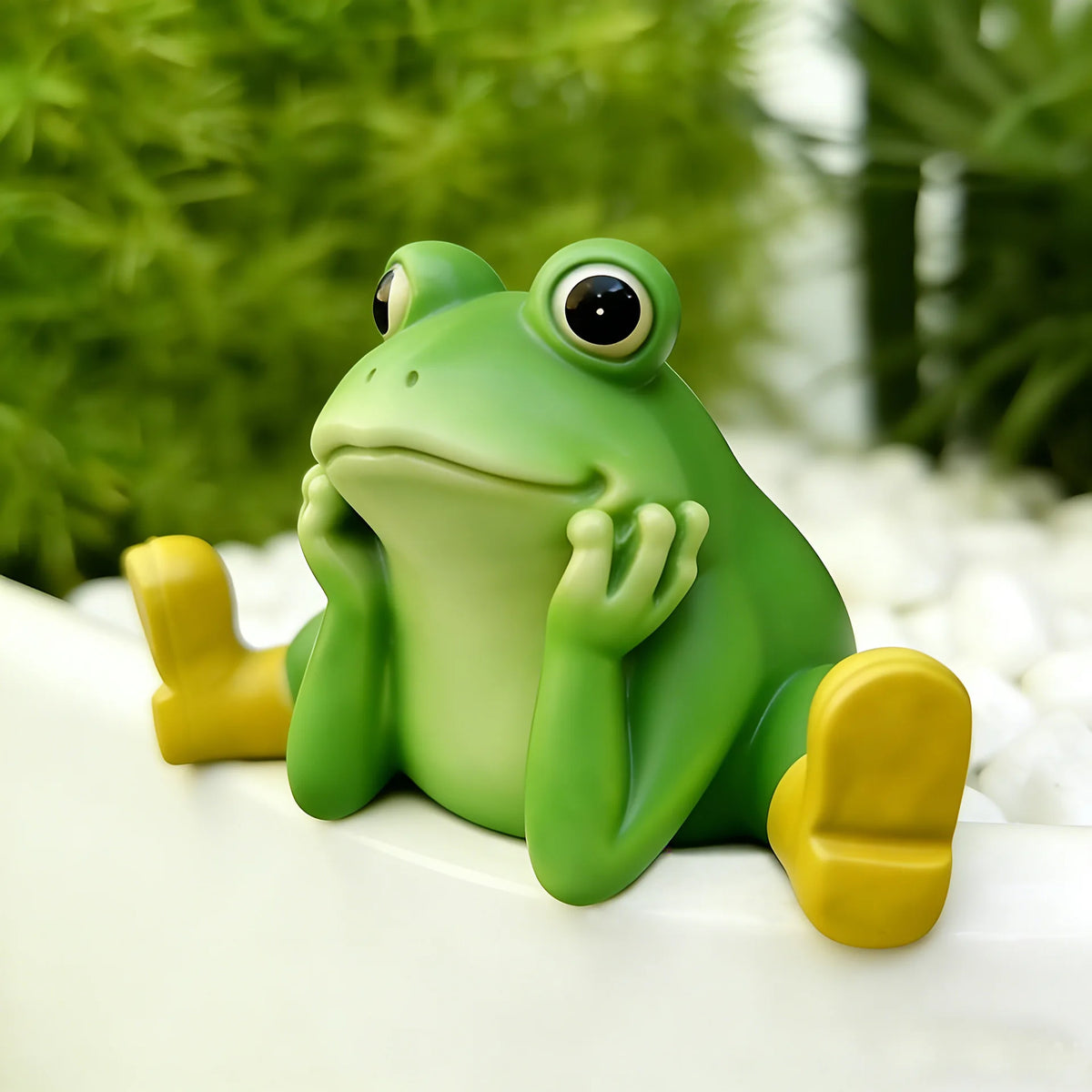 statue grenouille verte jaune bottes assise mains jointes aspect céramique décoratif animalier enfantinextérieur patio