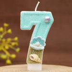 bougies numériques forme chiffres glitter thème marin anniversaire turquoise doré blanc coquillages clips