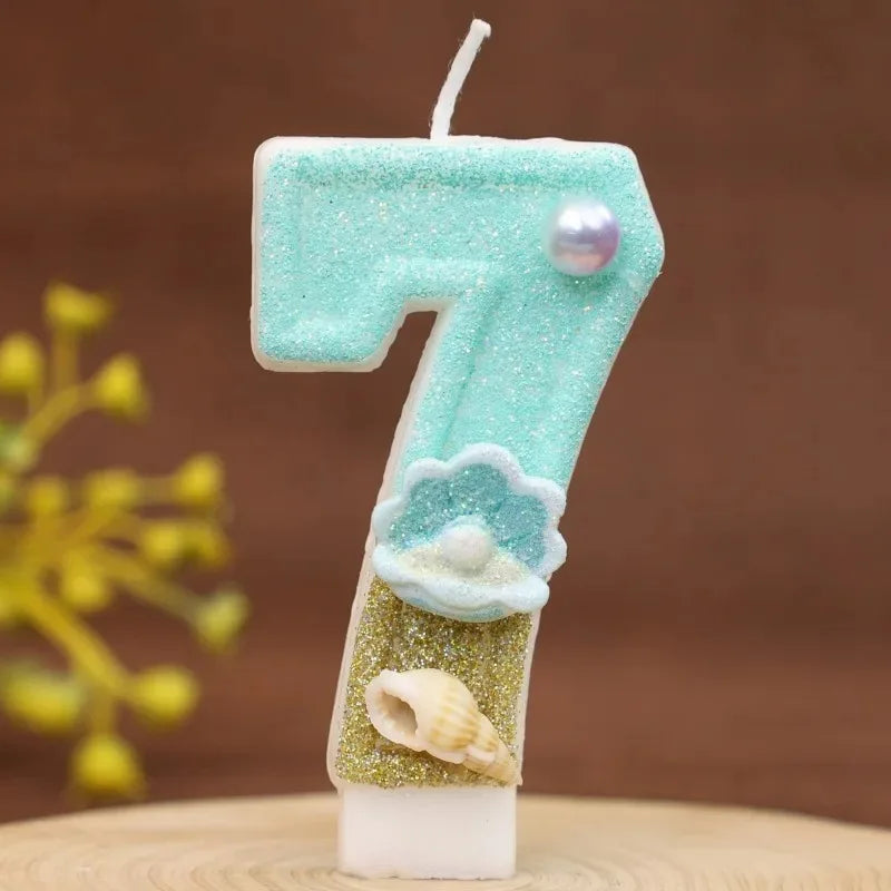 bougies numériques forme chiffres glitter thème marin anniversaire turquoise doré blanc coquillages clips