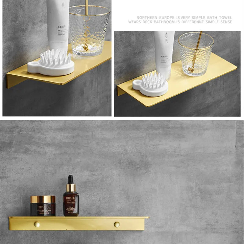 étagère murale moderne dorée lisse trois niveaux vis fixations salle bain aluminium