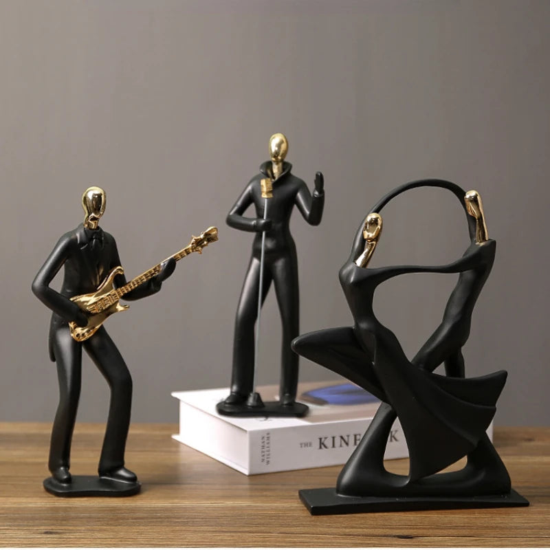 statue musicien moderne abstraite saxophone guitare noire décoration intérieure couple instrumental résine opaque base