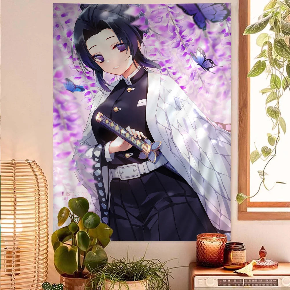 tapisserie murale anime violet papillons fleurs décoration chambre personnage dessin animé japonais tissu décoration