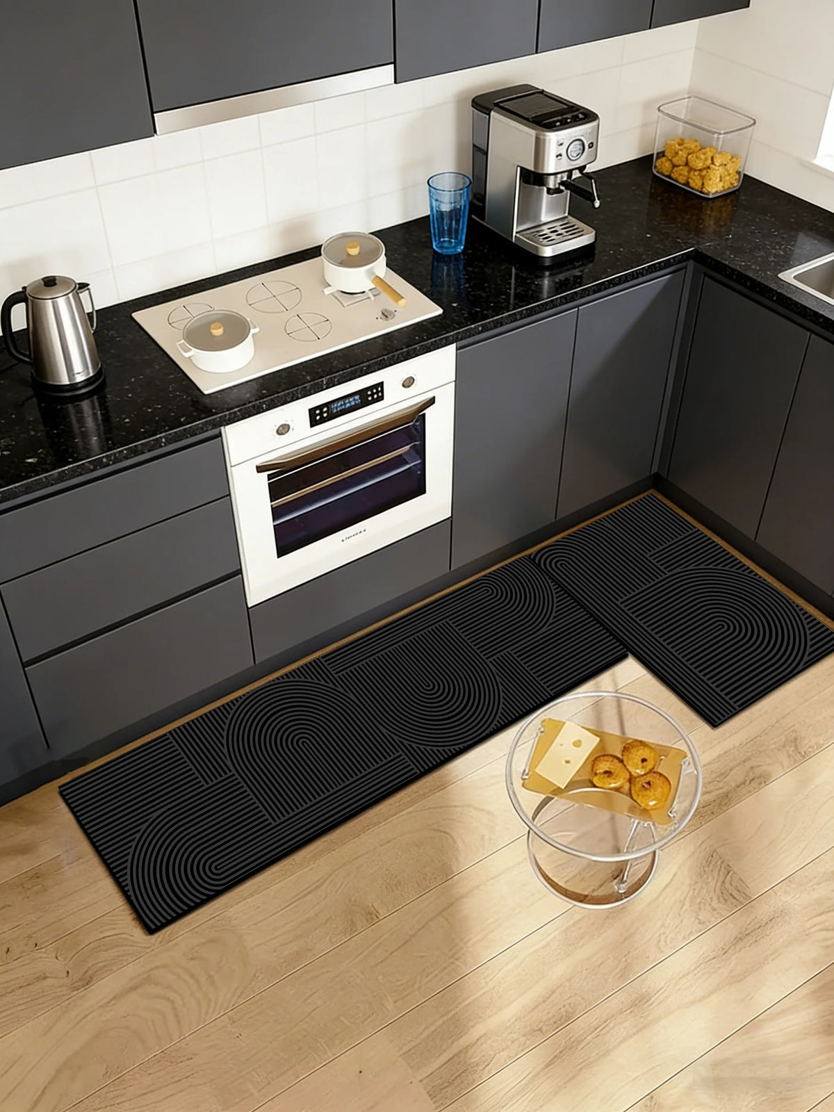 tapis solide polyester antidérapant noir rayures horizontales moderne cuisine easy clean