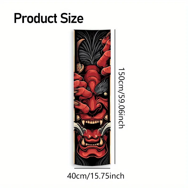tapisserie murale japonaise noir rouge masque traditionnel détails dorés art décoratif salon chambre coucher