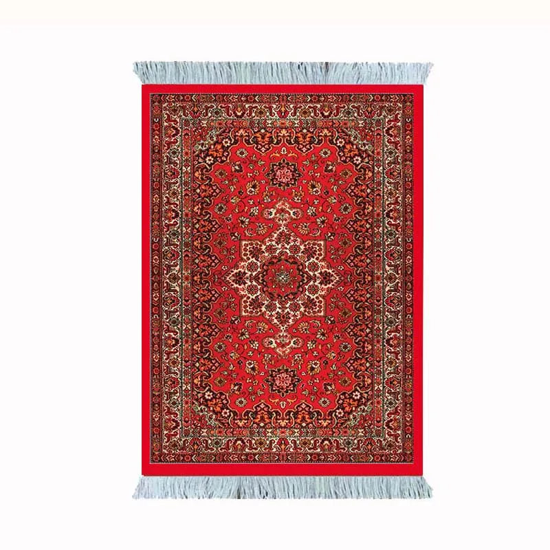 tapis persan franges ornements traditionnels rouge bleu noir beige marron classique sous verre gaming