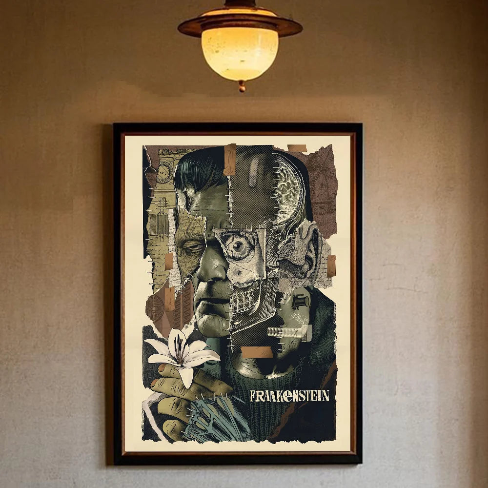 affiches vintage films horreur personnages illustrations noir blanc décor maison salon chambre