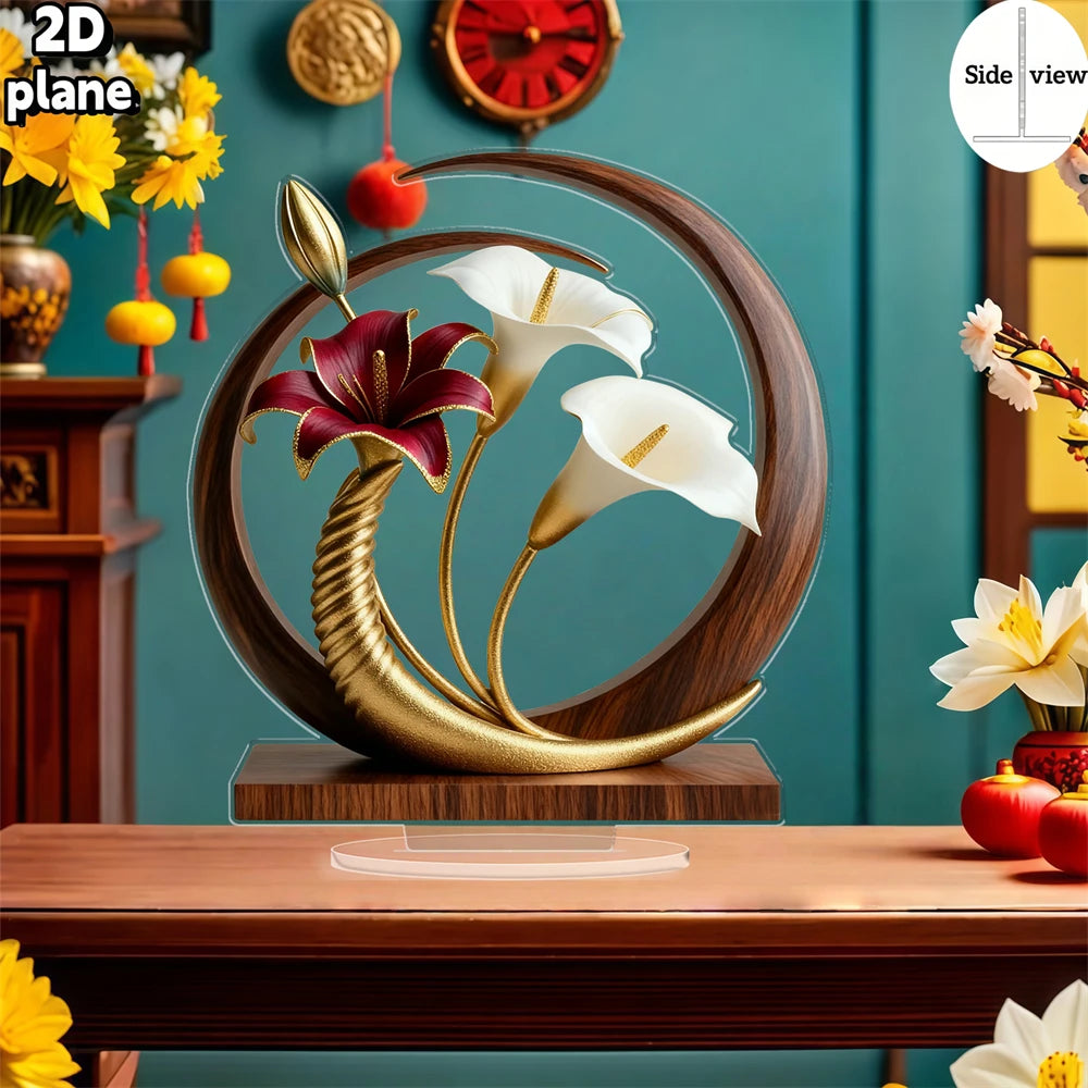 sculpture décorative contemporaine fleurs stylisées or brun foncé transparente base plate élégante intérieur maison