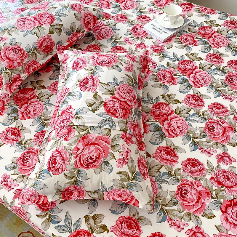 taies d'oreiller polyester fleurs roses feuilles vertes classique blanc rose vert gris