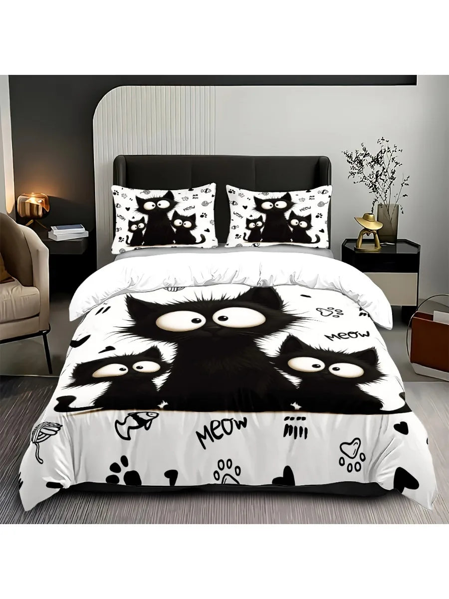 ensemble literie chatons noirs blanc noir poissons coeurs moderne pièces polyester machine
