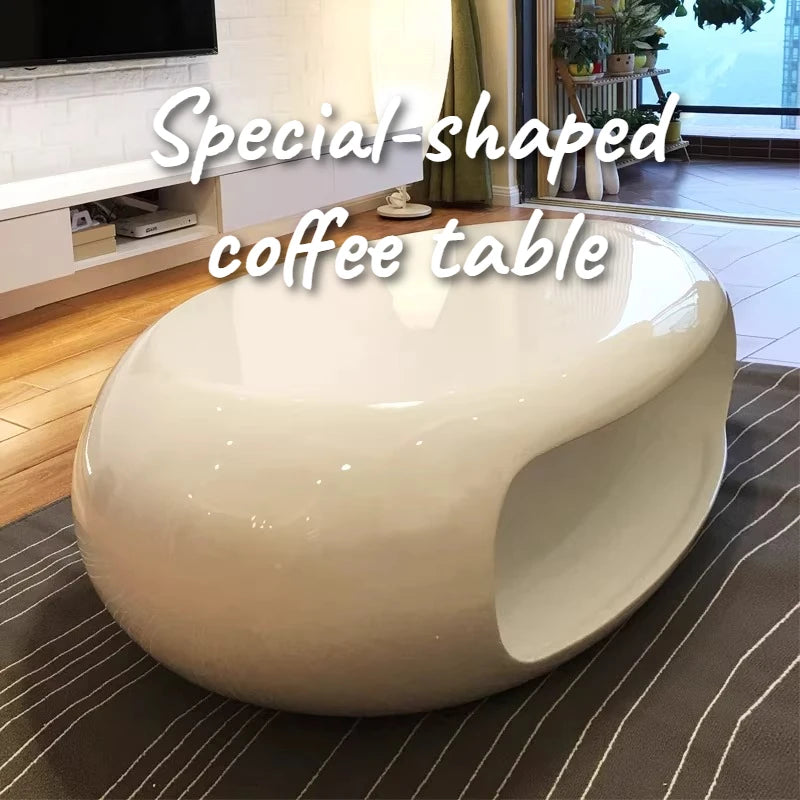 table basse moderne bois ovale minimaliste blanc noir jaune lisse brillante salon decoration