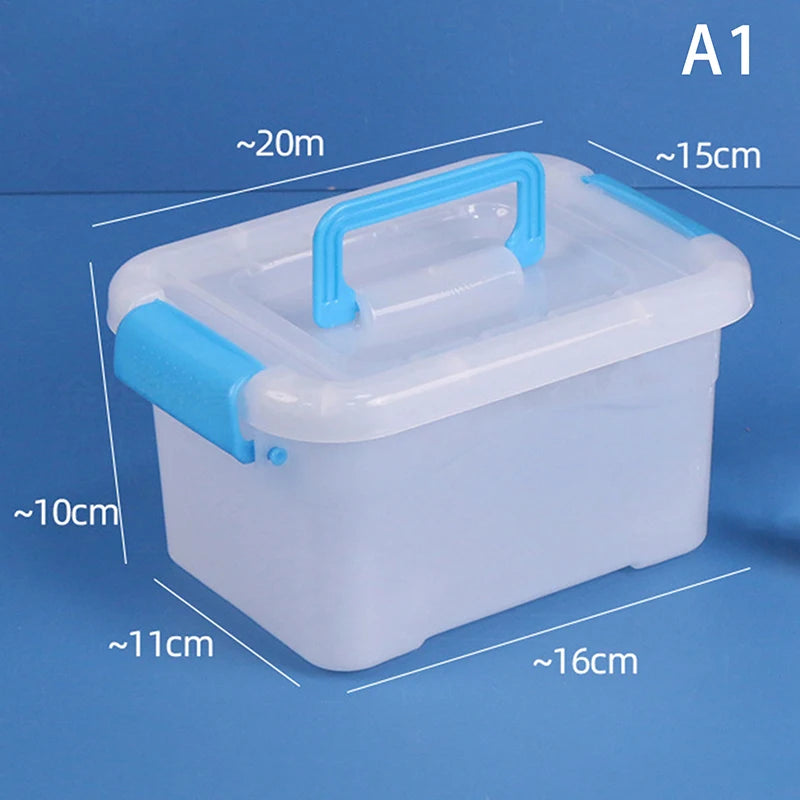 boîtes rangement transparentes bleues roses violettes poignées détachables moderne pratique enfants fournitures scolaires
