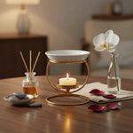 bougeoir moderne transparent blanc doré noir aromathérapie support métallique rond chauffe bougie bien être