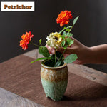Vase utilisé comme cache-pot avec une plante verte