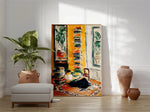 tableau moderne expressionniste abstrait jaune vert noir peinture intérieure décoration maison personnage livres plante