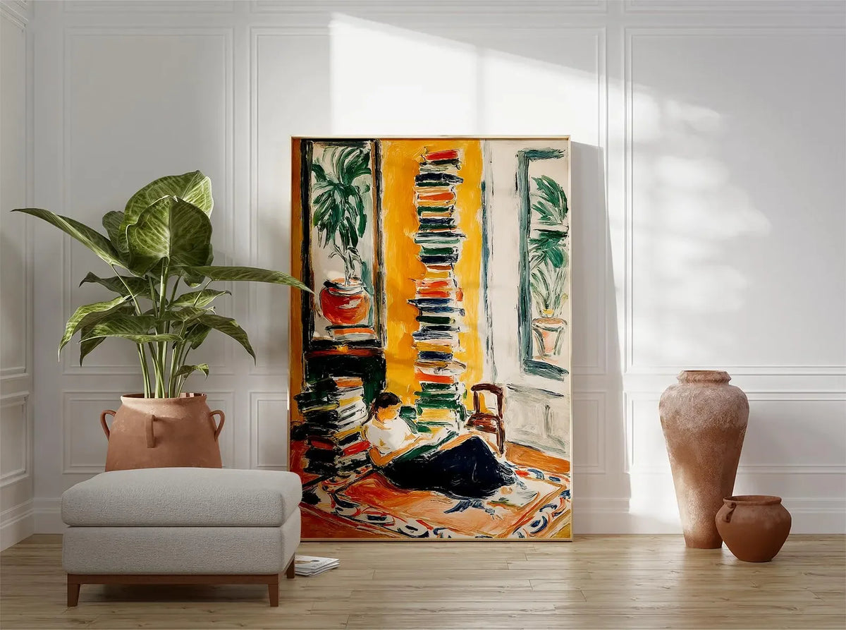 tableau moderne expressionniste abstrait jaune vert noir peinture intérieure décoration maison personnage livres plante