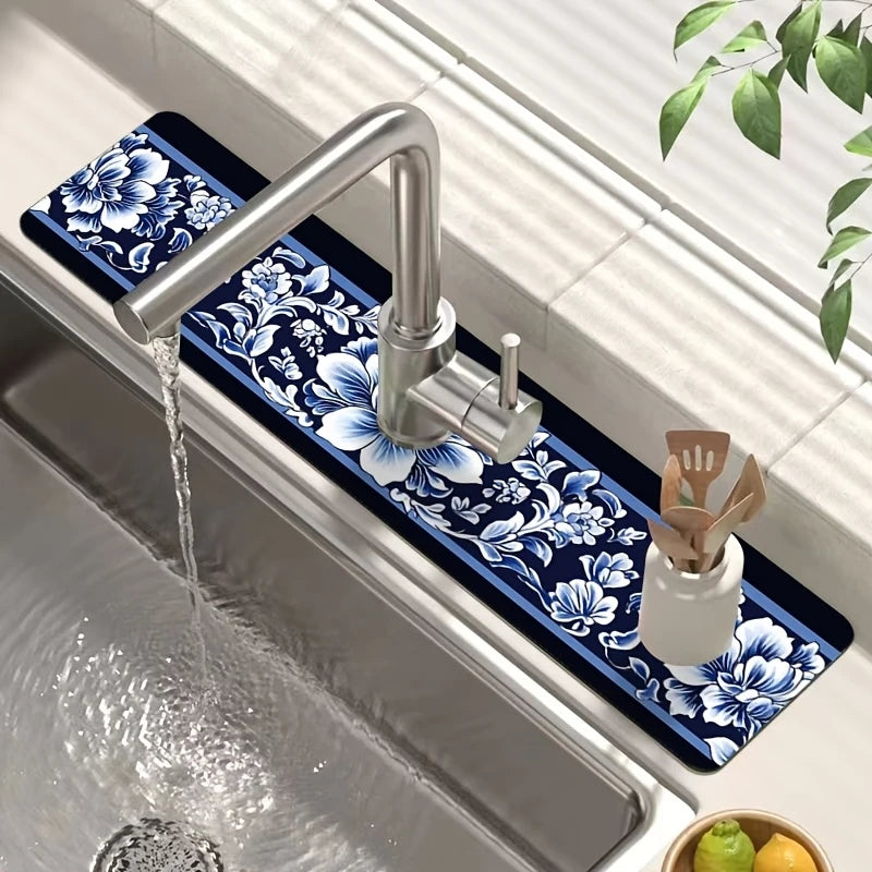 tapis cuisine bleu marine fleurs blancs antidérapant rapide absorption eau durable réutilisable comptoir bar