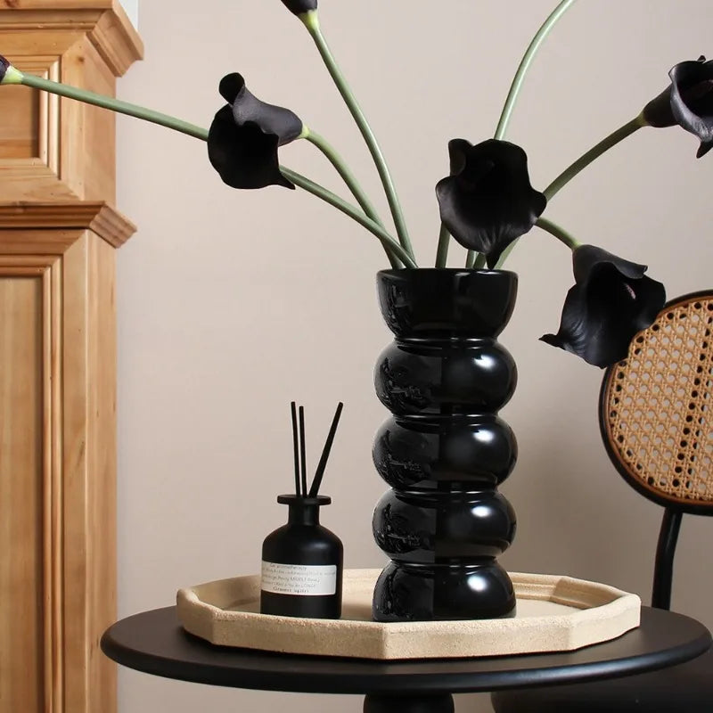vase céramique noir moderne rond concave décoration intérieure hydroponique arrangement fleurs
