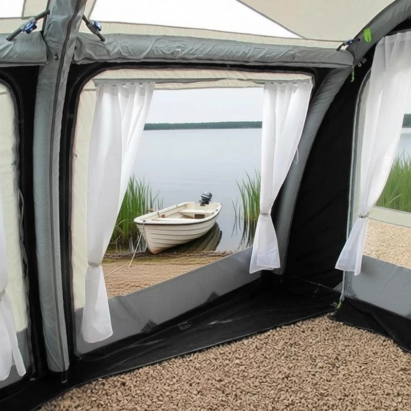 rideaux blancs tente camping transparents imperméables crochets métalliques robustes fixations modernes fonctionnels
