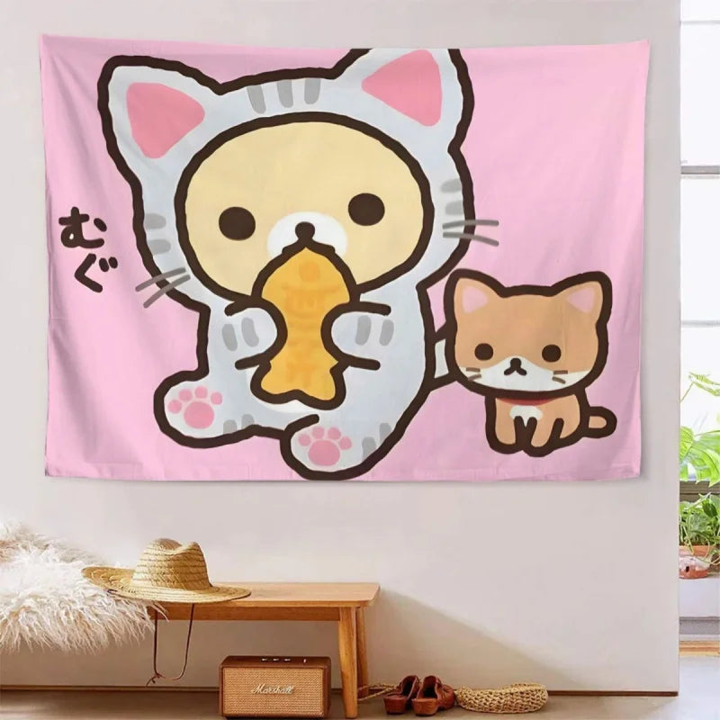 tapisserie murale chat dessin animé moderne rose clair tissu polyestère lavable chambre salon decoration
