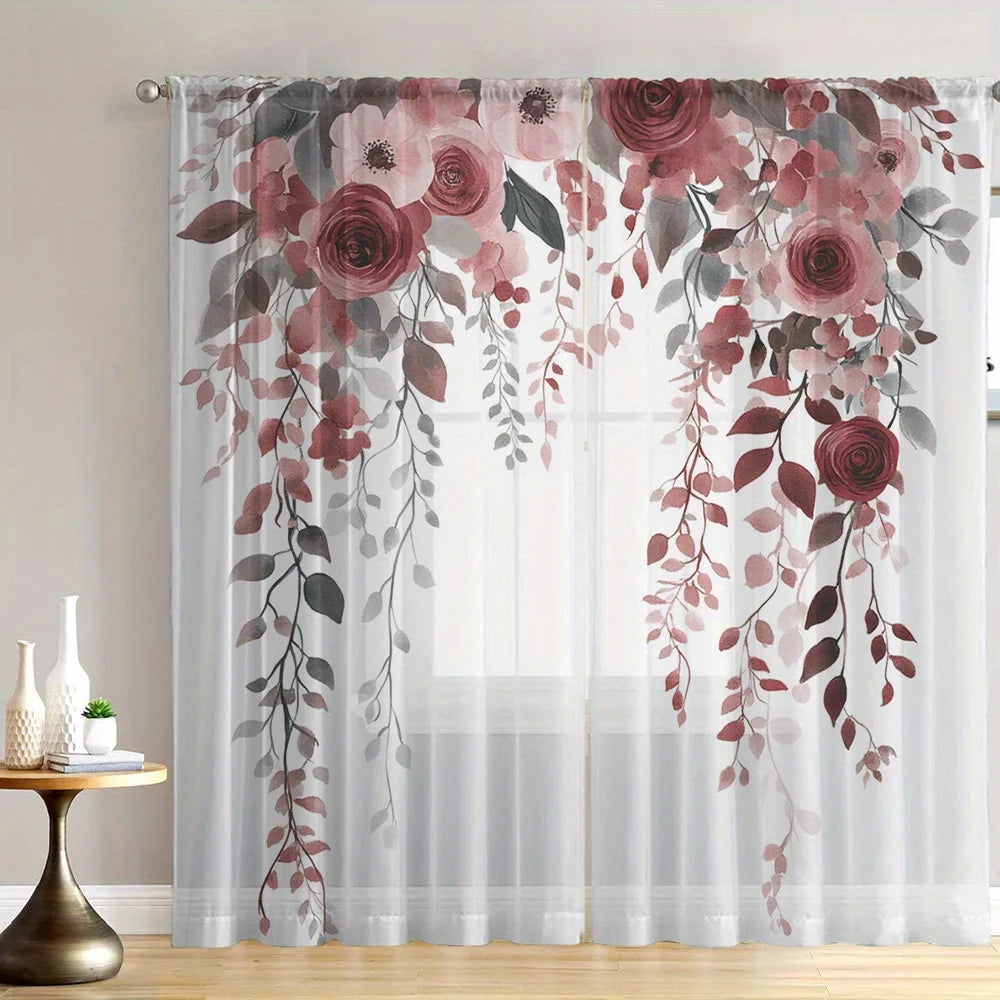 rideau moderne fleurs feuilles transparent rose blanc gris fenêtre anneaux polyester