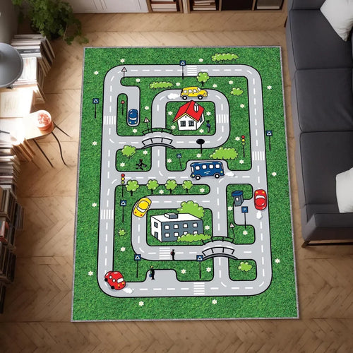 tapis jeu enfants route avions voitures arbres maisons panneaux moderne gris vert blanc rouge