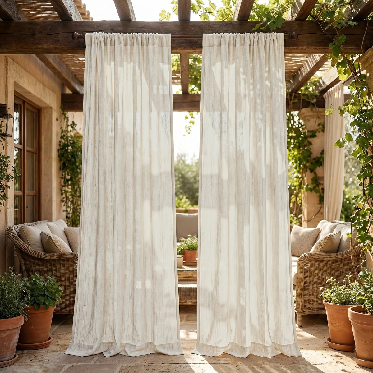 rideau extérieur beige clair rayures fines semi transparent moderne minimaliste jardin