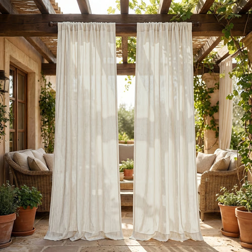rideau extérieur beige clair rayures fines semi transparent moderne minimaliste jardin