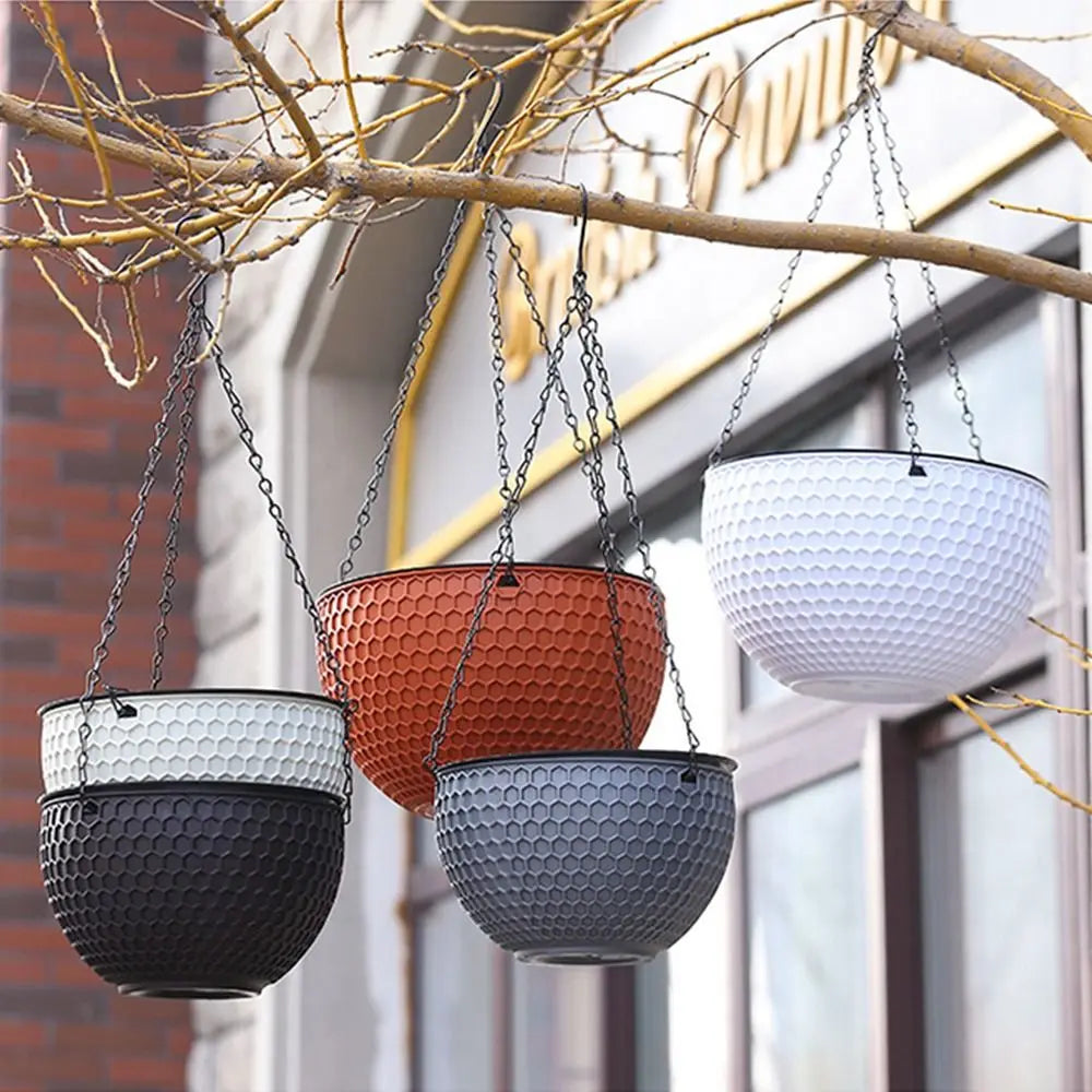 cache pot suspendu moderne hexagonal noir blanc orange gris chaîne métallique