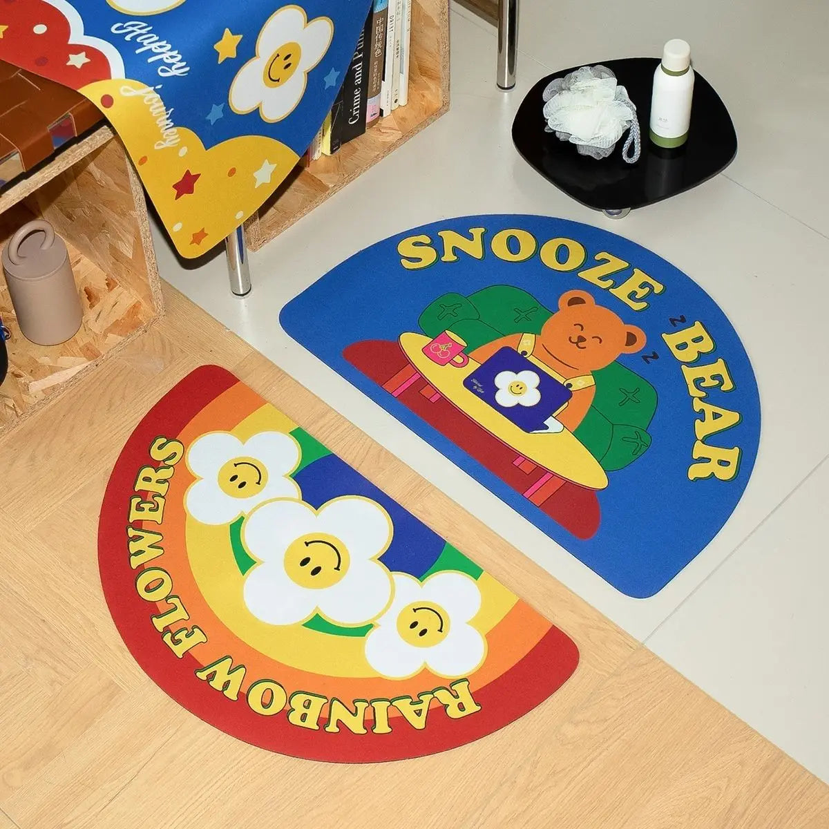 tapis demi circulaire fleurs arc ciel antidérapant résistant lavable intérieur salle bain porte cuisine