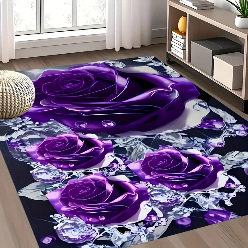tapis salon moderne violet roses papillons patchwork lavable grande surface décoration chambre intérieur